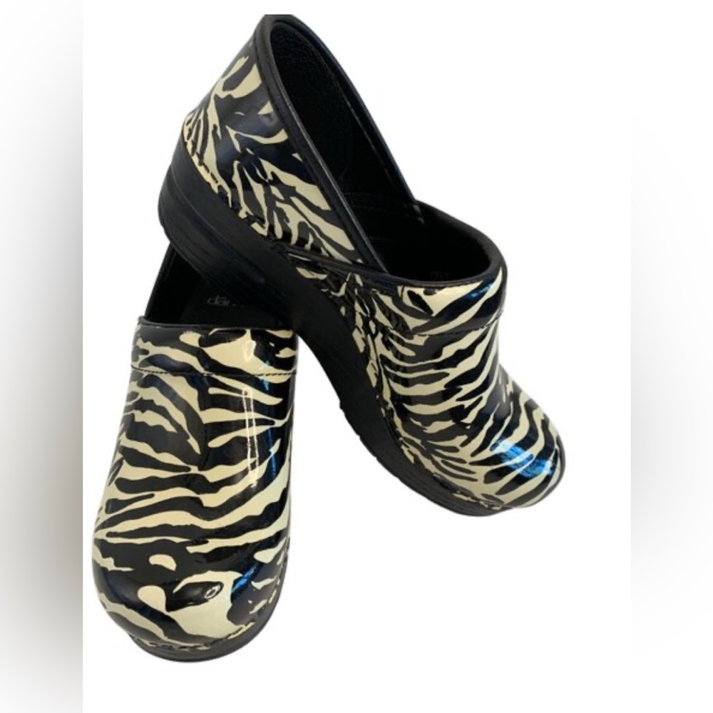 Dansko Black and Cream Zebra Print Mules
